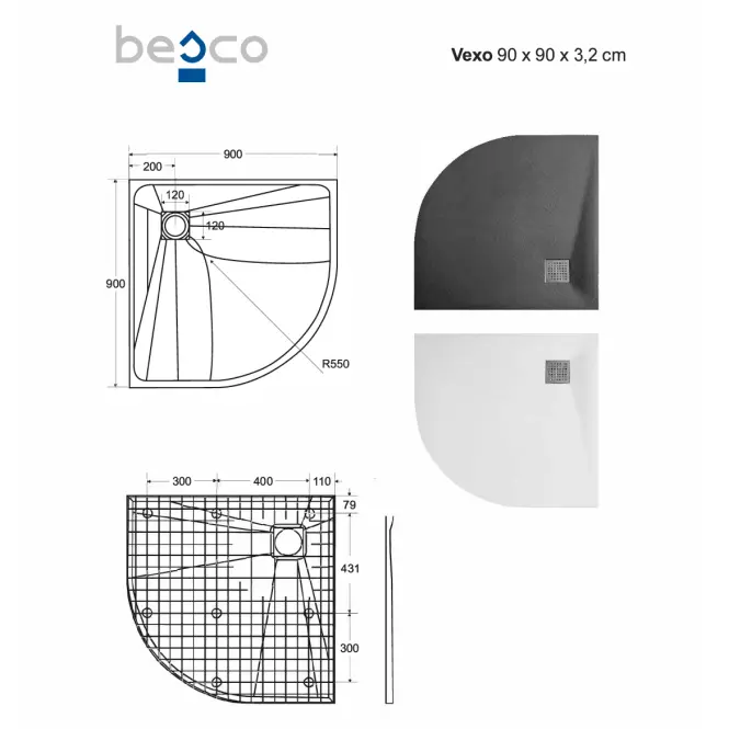 Vanička polokrúhla Vexo 90x90 biela,2