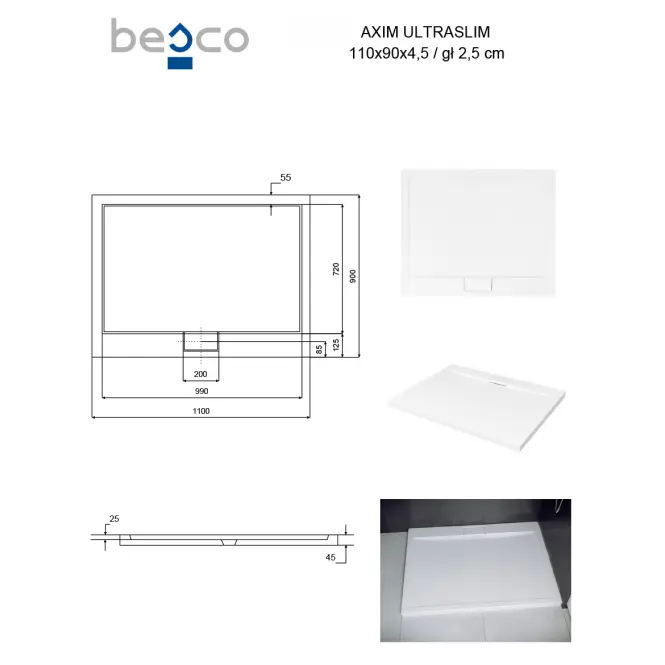 Vanička obdĺžniková Axim Ultraslim 110x90 biela,3