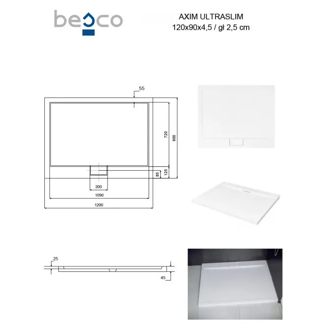 Vanička obdĺžniková Axim Ultraslim 120x90 biela,3