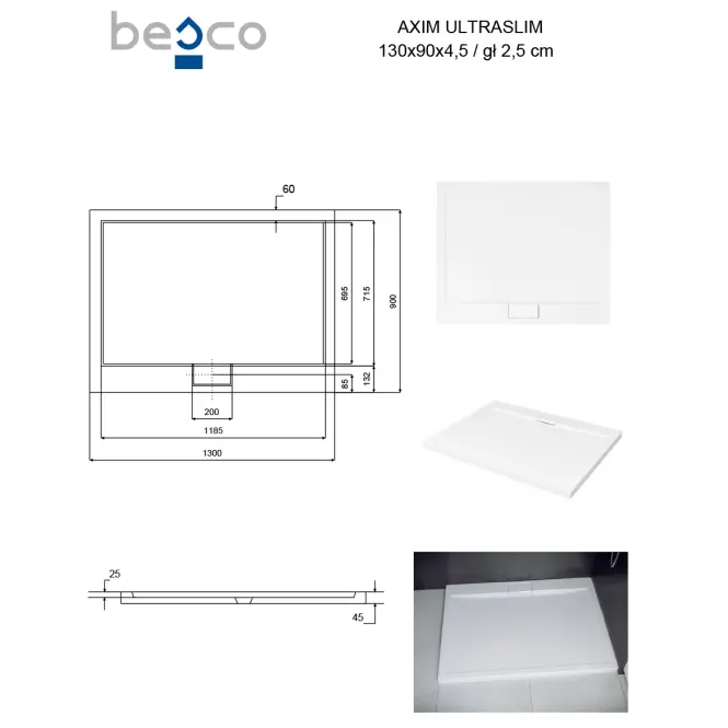 Vanička obdĺžniková Axim Ultraslim 130x90 biela,3