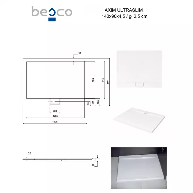 Vanička obdĺžniková Axim Ultraslim 140x90 biela