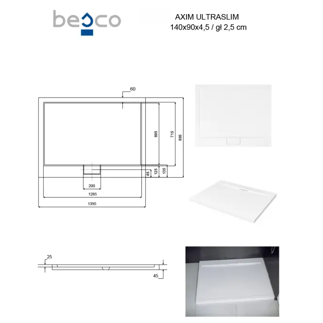 Vanička obdĺžniková Axim Ultraslim 140x90 biela,3