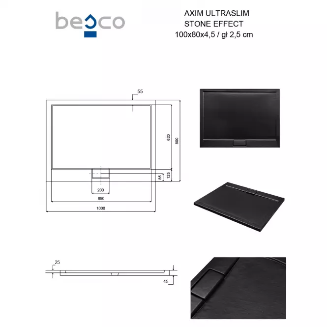Vanička obdĺžniková Axim Ultraslim Stone Effect New 100x80 čierna