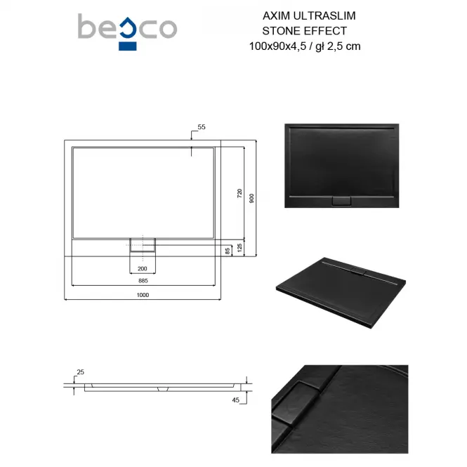 Vanička obdĺžniková Axim Ultraslim Stone Effect New 100x90 čierna