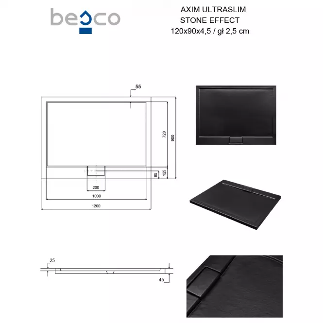 Vanička obdĺžniková Axim Ultraslim Stone Effect New 120x90 čierna