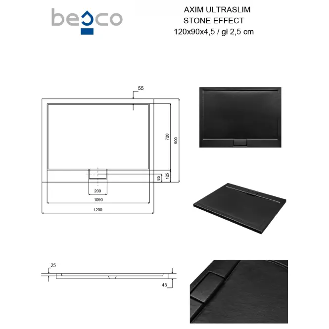 Vanička obdĺžniková Axim Ultraslim Stone Effect New 120x90 čierna,3