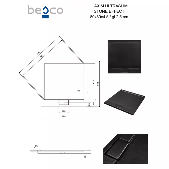 Vanička štvorcová Axim Ultraslim Stone Effect New 80x80 čierna