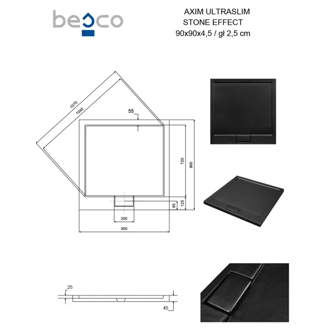 Vanička štvorcová Axim Ultraslim Stone Effect New 90x90 čierna,3