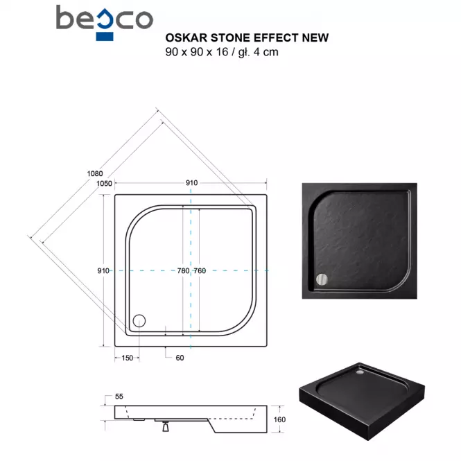 Vanička štvorcová Oskar Stone Effect New 90x90 čierna,3