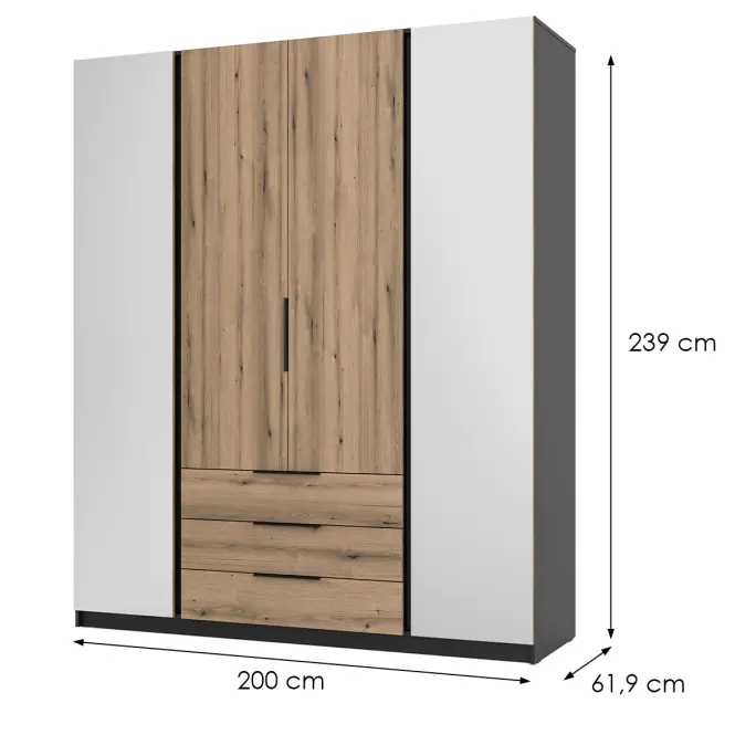 Skriňa Kaja 200 cm so zrkadlom – čierna/evoke, štvordverová, zásuvky