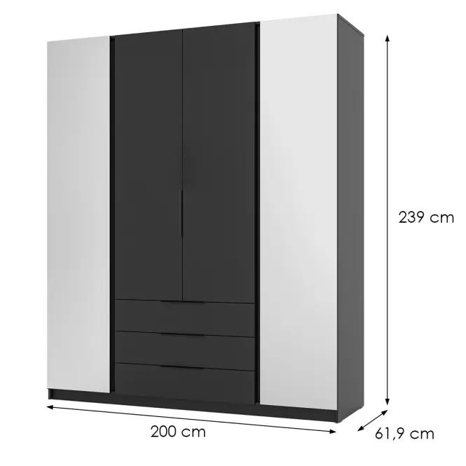 Skriňa Kaja 200 cm so zrkadlom – čierna/čierna, štvordverová, zásuvky
