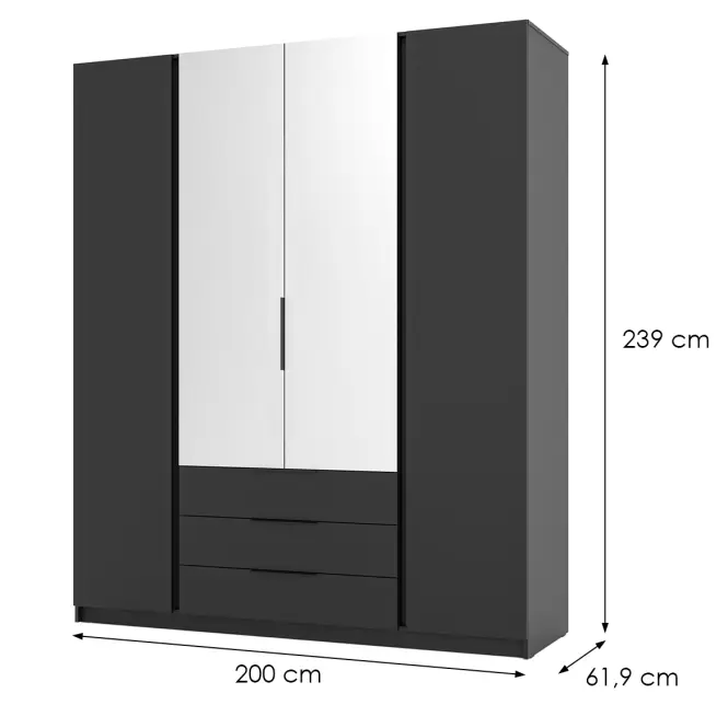 Skriňa Kaja 200 cm so zrkadlom – čierna/čierna, štvordverová, zásuvky