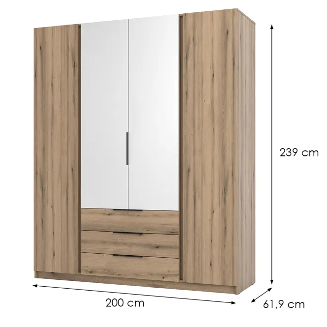 Skriňa Kaja 200 cm so zrkadlom – evoke/evoke, štvordverová, zásuvky,2
