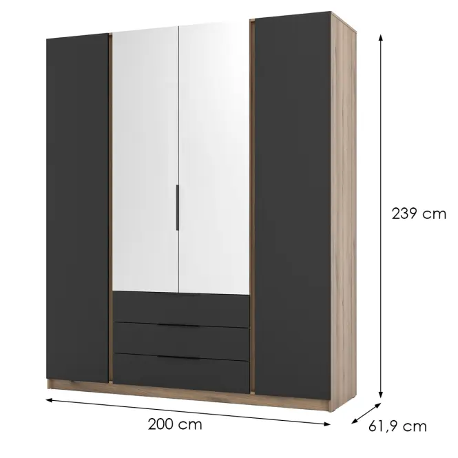 Skriňa Kaja 200 cm so zrkadlom – evoke/čierna, štvordverová, zásuvky