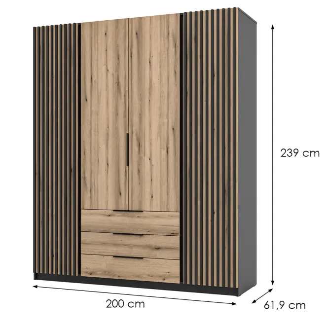 Skriňa Kaja 200 cm – čierna/evoke, lamely, štvordverová, zásuvky,2