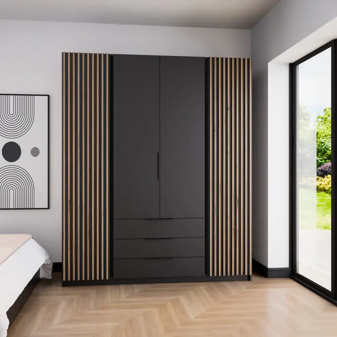 Skriňa Kaja 200 cm – čierna/evoke, lamely, štvordverová, zásuvky