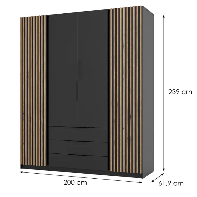 Skriňa Kaja 200 cm – čierna/evoke, lamely, štvordverová, zásuvky