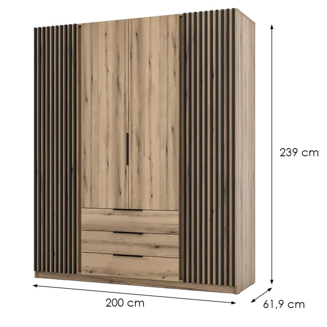 Skriňa Kaja 200 cm – evoke/evoke, lamely, štvordverová, zásuvky