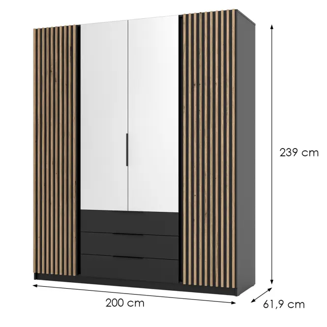 Skriňa Kaja 200 cm so zrkadlom – čierna/evoke, lamely, štvordverová, zásuvky