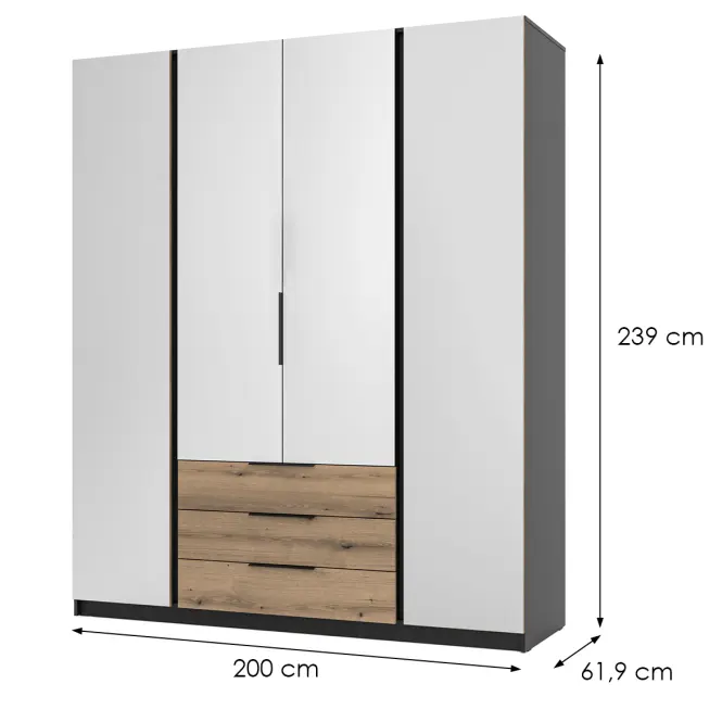 Skriňa Kaja 200 cm so zrkadlom – čierna/evoke, štvordverová, zásuvky