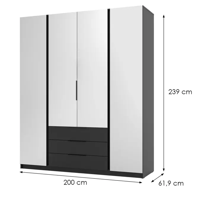 Skriňa Kaja 200 cm so zrkadlom – čierna/čierna, štvordverová, zásuvky