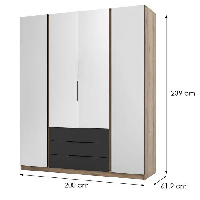 Skriňa Kaja 200 cm so zrkadlom – evoke/čierna, štvordverová, zásuvky