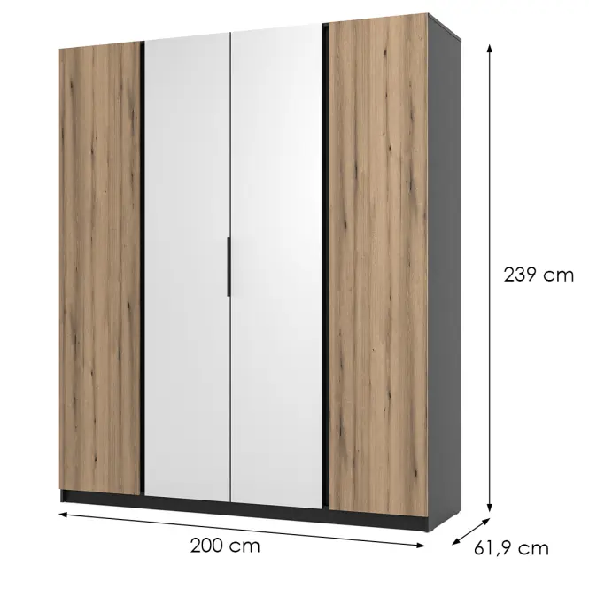 Skriňa Kaja 200 cm so zrkadlom – čierna/evoke, štvordverová