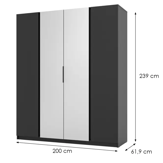 Skriňa Kaja 200 cm so zrkadlom – čierna/čierna, štvordverová
