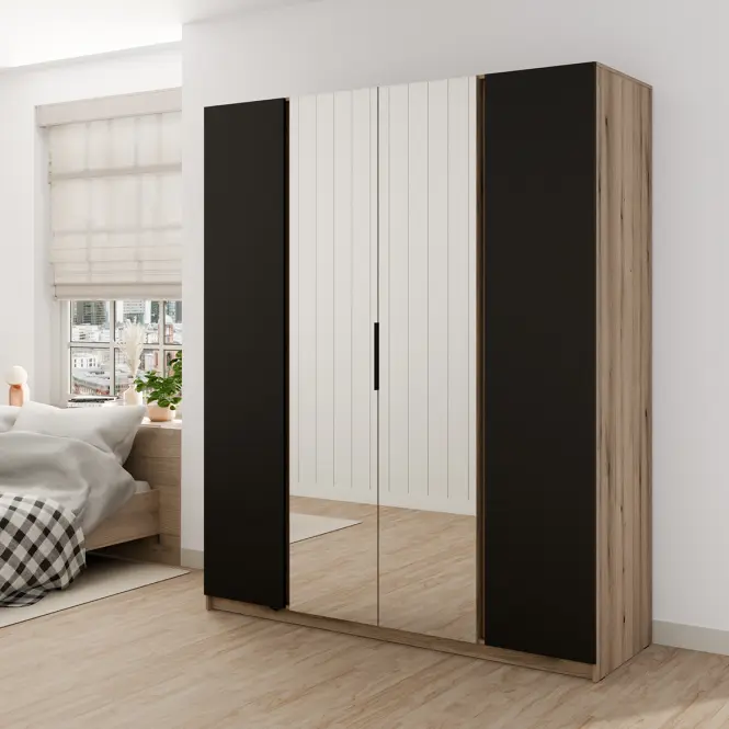 Skriňa Kaja 200 cm so zrkadlom – evoke/čierna, štvordverová