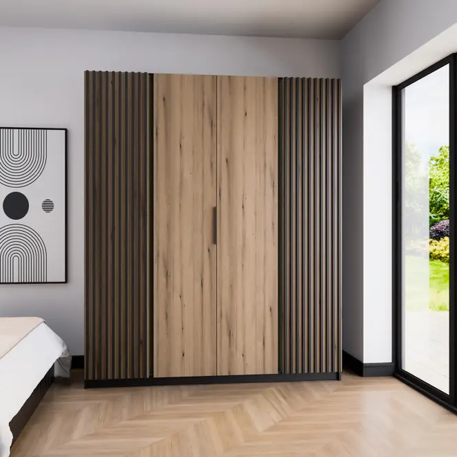 Skriňa Kaja 200 cm – čierna/evoke, lamely, štvordverová