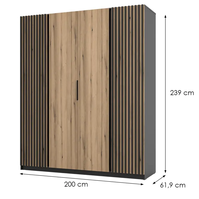 Skriňa Kaja 200 cm – čierna/evoke, lamely, štvordverová