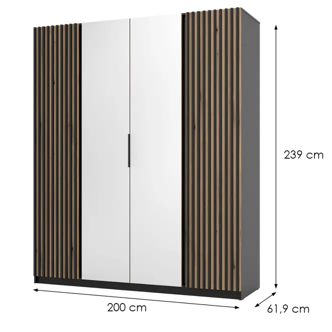 Skriňa Kaja 200 cm so zrkadlom – čierna/evoke, lamely, štvordverová