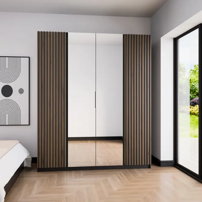 Skriňa Kaja 200 cm so zrkadlom – čierna/evoke, lamely, štvordverová,6