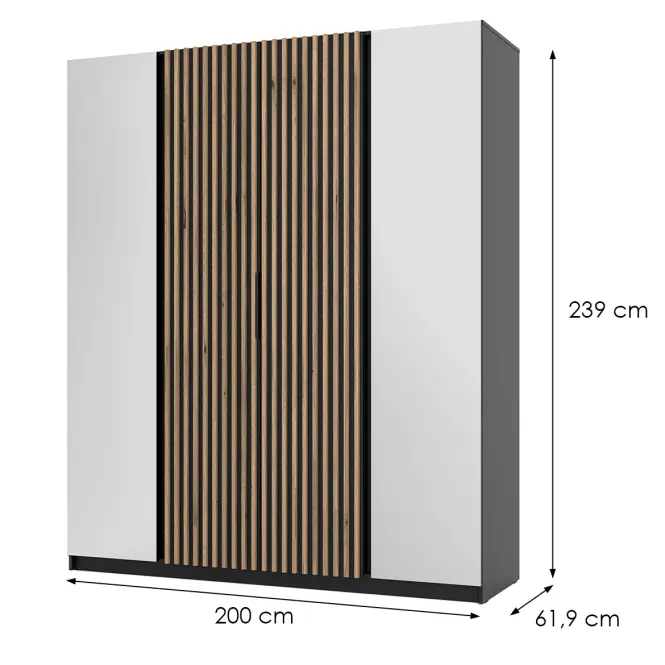 Skriňa Kaja 200 cm so zrkadlom – čierna/evoke, lamely, štvordverová