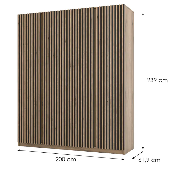 Skriňa Kaja 200 cm – evoke/čierna, lamely, štvordverová