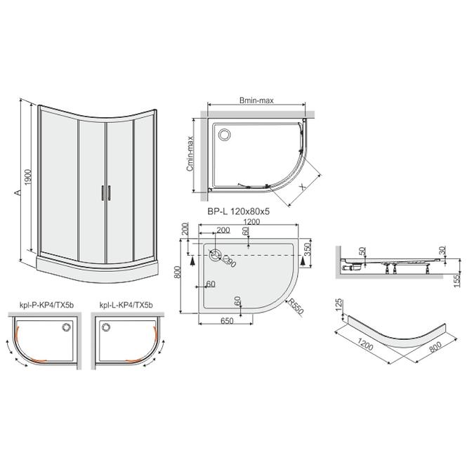 Sprchový kút KP4/TX5B 90/120 L W15 SB+BP+OBP 2EL Glass