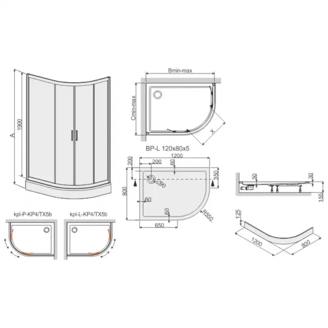 Sprchový kút KP4/TX5B 90/120 L W15 SB+BP+OBP 2EL Glass,2
