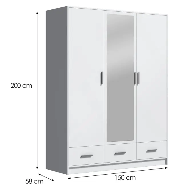 Skriňa Sophie 150 cm so zrkadlom – biela, trojdverová, zásuvky,2