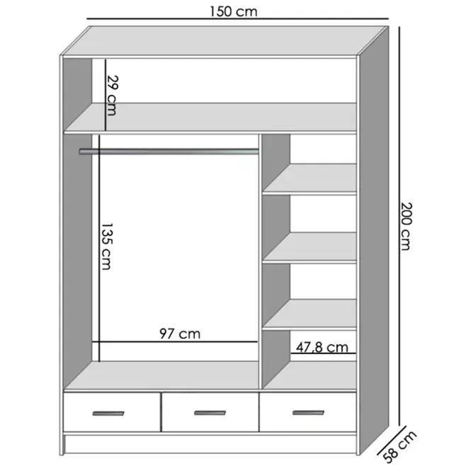 Skriňa Sophie 150 cm so zrkadlom – biela, trojdverová, zásuvky,3
