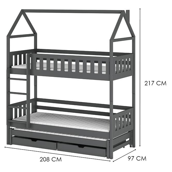 Poschodová posteľ Domček Iga 90x200 grafit,2