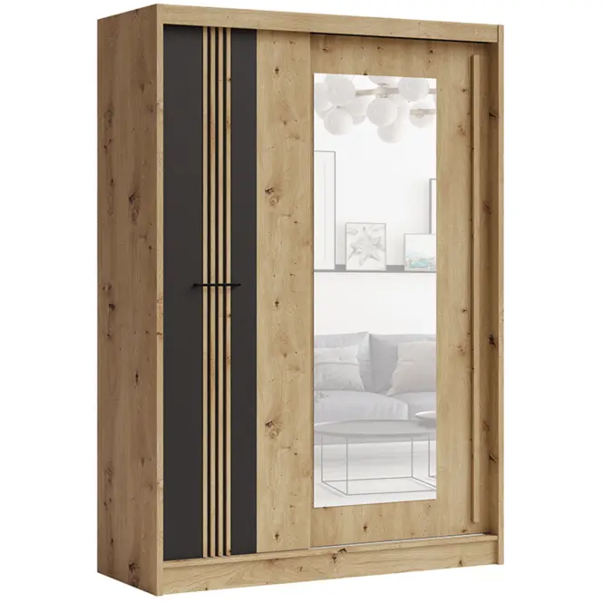 Skriňa s posuvnými dverami Molto ML-150 150cm so zrkadlom -  artisan/čierna, lamely, dvojdverová