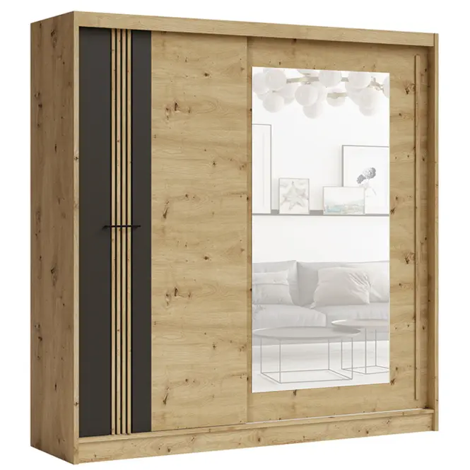 Skriňa s posuvnými dverami Molto ML-200 200 cm so zrkadlom – artisan/čierna, lamely, dvojdverová