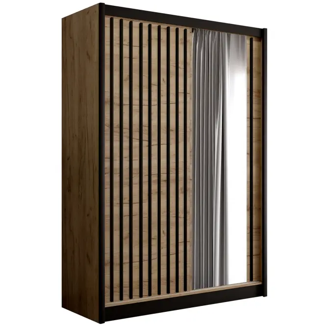 Skriňa s posuvnými dverami Ladder 150 cm so zrkadlom - dub craft/čierna, lamely, dvojdverová