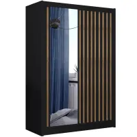 Skriňa s posuvnými dverami Ladder 150 cm so zrkadlom - čierna/dub craft, lamely, dvojdverová