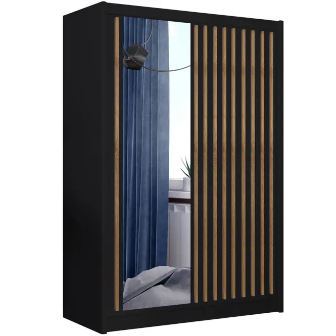 Skriňa s posuvnými dverami Ladder 150 cm so zrkadlom - čierna/dub craft, lamely, dvojdverová