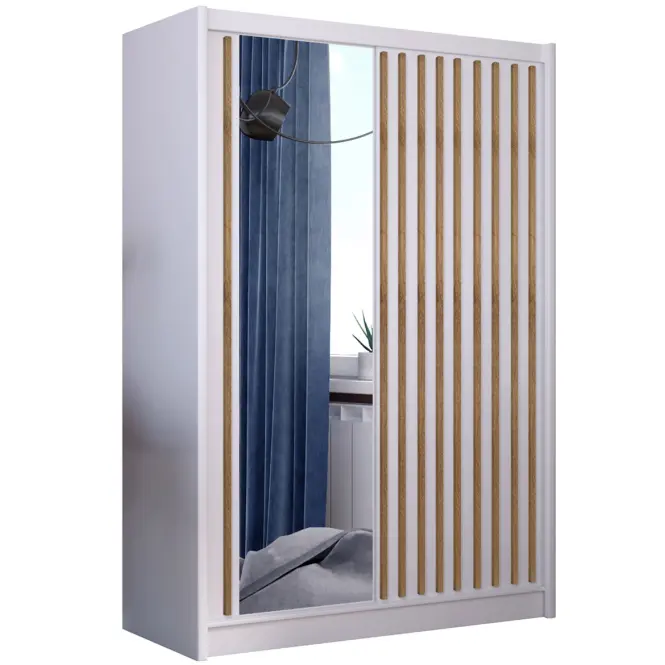 Skriňa s posuvnými dverami Ladder 150 cm so zrkadlom - biela/dub craft, lamely, dvojdverová