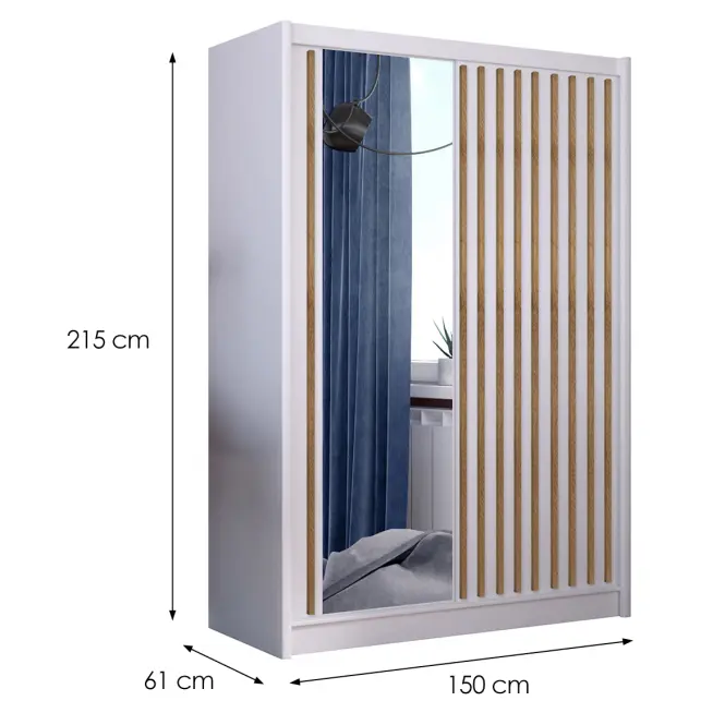 Skriňa s posuvnými dverami Ladder 150 cm so zrkadlom - biela/dub craft, lamely, dvojdverová,2