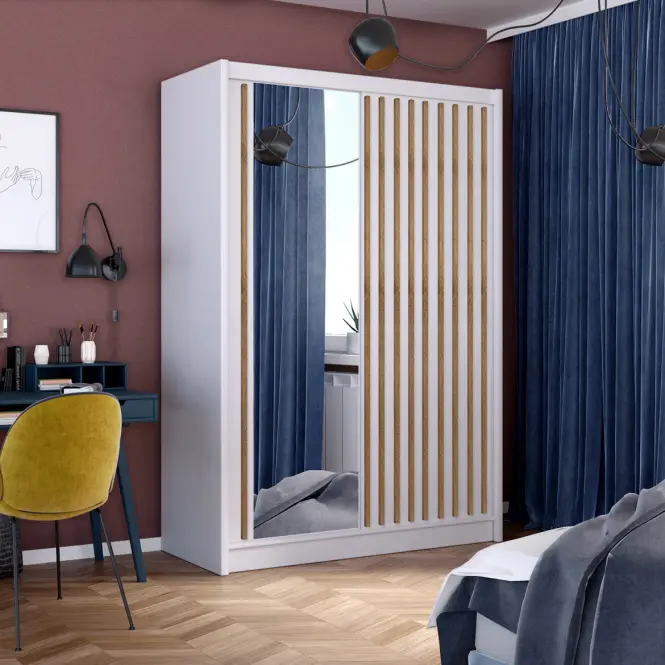 Skriňa s posuvnými dverami Ladder 150 cm so zrkadlom - biela/dub craft, lamely, dvojdverová,4