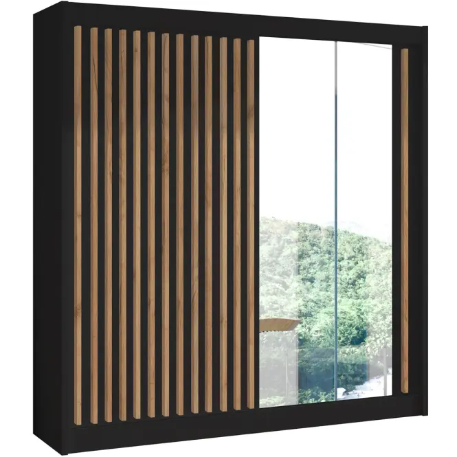 Skriňa s posuvnými dverami Ladder 203 cm so zrkadlom - čierna/dub craft, lamely, dvojdverová