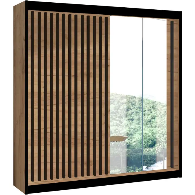 Skriňa s posuvnými dverami Ladder 203 cm so zrkadlom - dub craft/čierna, lamely, dvojdverová